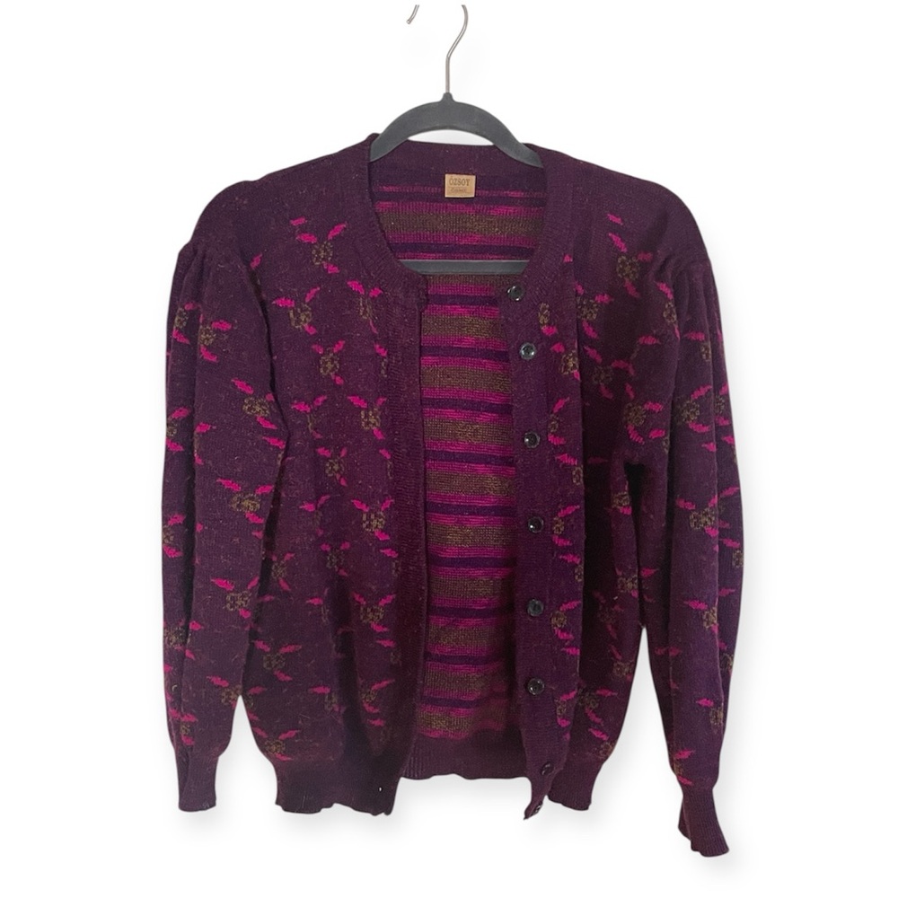 Vintage Mohair Floral Knit Cardigan Plum M/L Cottagecore Whimsygoth Özsoy Örme